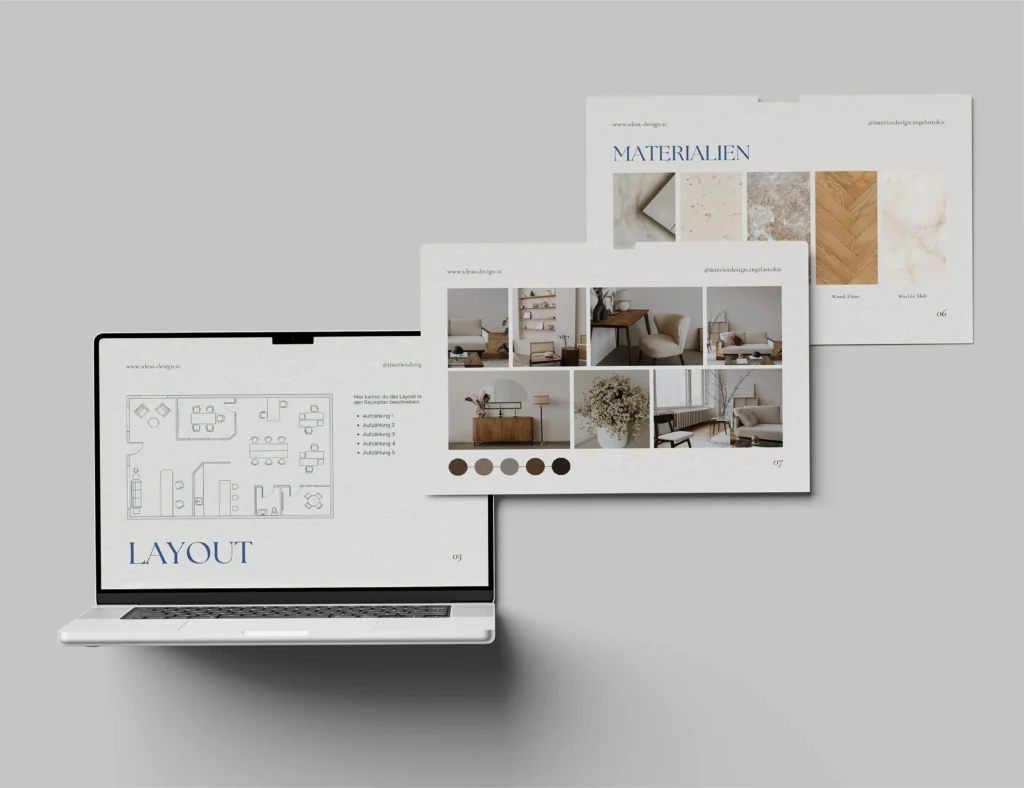 Präsentation eines Interior-Design-Konzepts mit Raumlayout, Materialauswahl und Moodboard auf Laptop und digitalen Designboards