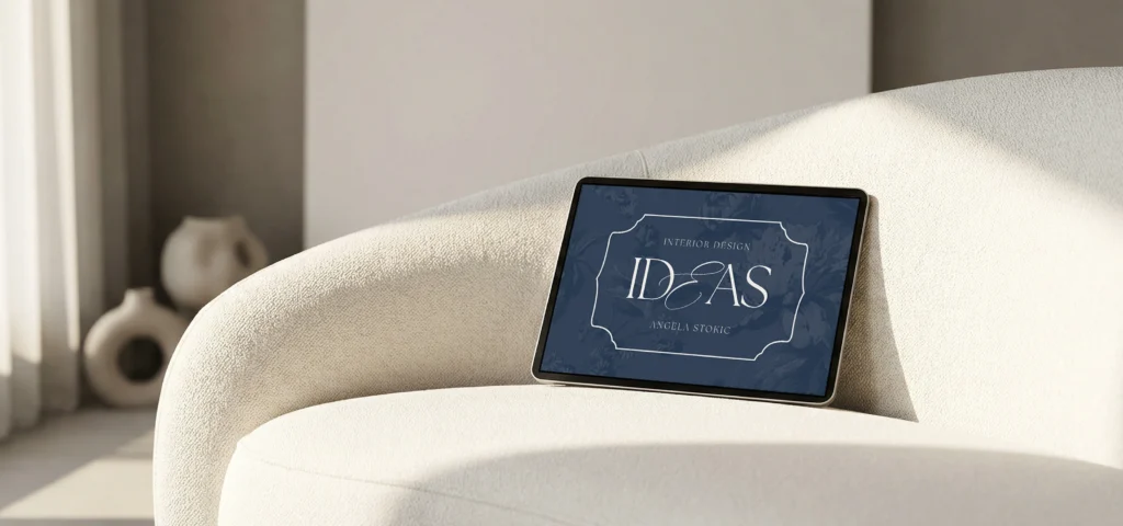 Visualisierung der Markenidentität von Angela Stokic Interior Design auf einem Tablet in einem stilvollen Wohnraum mit hochwertigem Interior-Ambiente