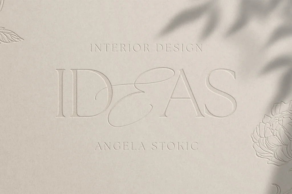 Präsentation des entwickelten Markenlogos für Angela Stokic Interior Design in einer hochwertigen Prägeoptik auf strukturiertem Papier