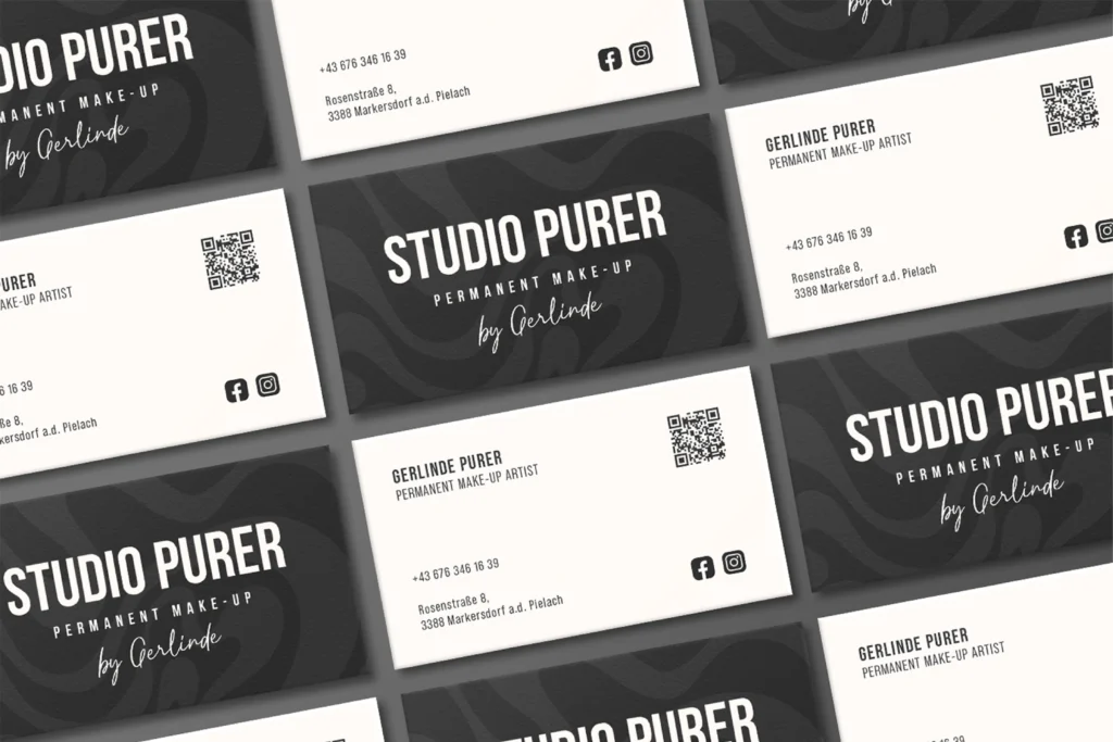 Modernes Visitenkarten-Design für Studio Purer mit QR-Code, Social-Media-Icons und hochwertiger Markenpräsentation für eine Permanent Make-up Artistin